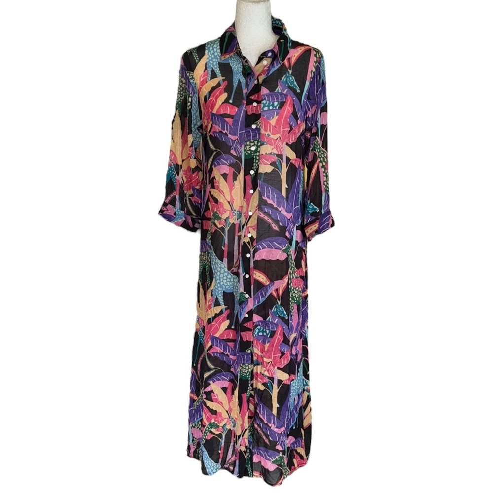 Oliphant Silk Blend Giraffe Jungle Print Button Front Maxi Shirt Dress - L